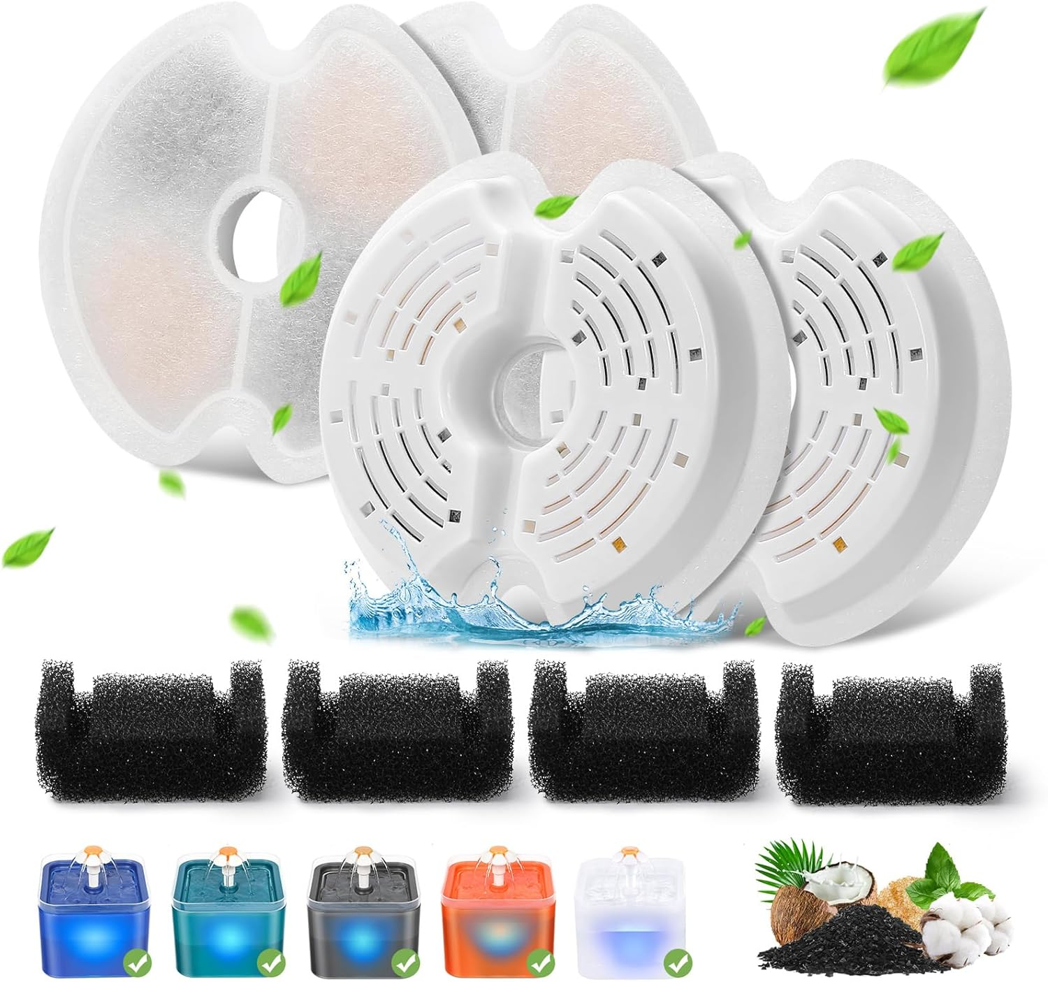Filter for Cat Fountain, Pack of 4 Replacement Filter Drinking Fountain Filters for Cat Fountain 67Oz/2L with LED Night Light, 4 Pieces Replacement Filters & 4 Pieces Pre-Filter Sponges for 2L image number 3