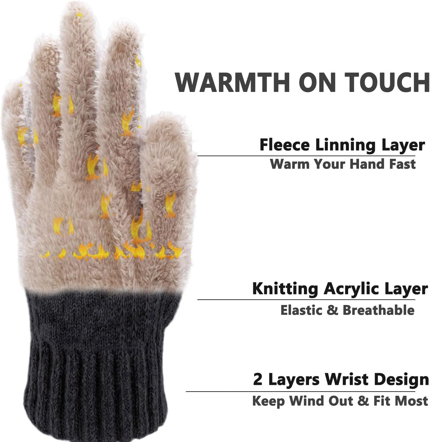 Lifwimner Winter Gloves for Men Thermal Touch Screen Gloves with Fleece Lining Soft Warm Knit Gloves for Ski Running Outdoors - Khaki image number 5