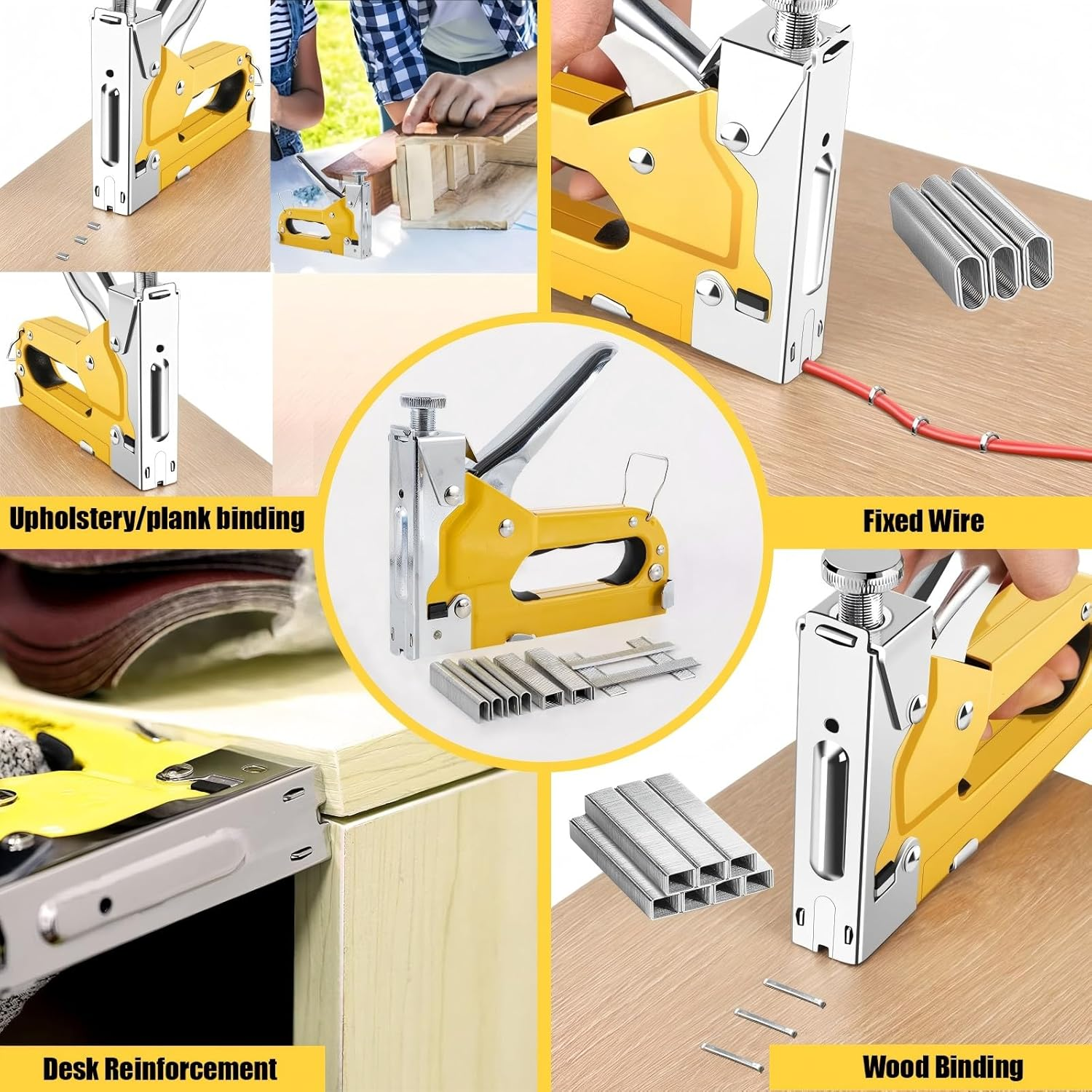 Staple Gun for Wood 3 in 1 Upholstery Staple Gun with 3000 Staples Manual Heavy Duty Staple Gun with for Furniture, Carpet, Carpentry, DIY, Wire, Decoration Yellow image number 1