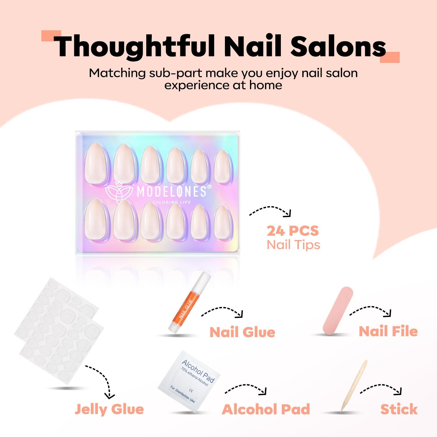 Modelones Press on Short Almond Nails, Donut Reusable Kit with Glue Adhesive Tabs, Mini File, 24 Fake Pieces 12 Sizes, DIY Home Salon, White Pearl Glitter image number 6