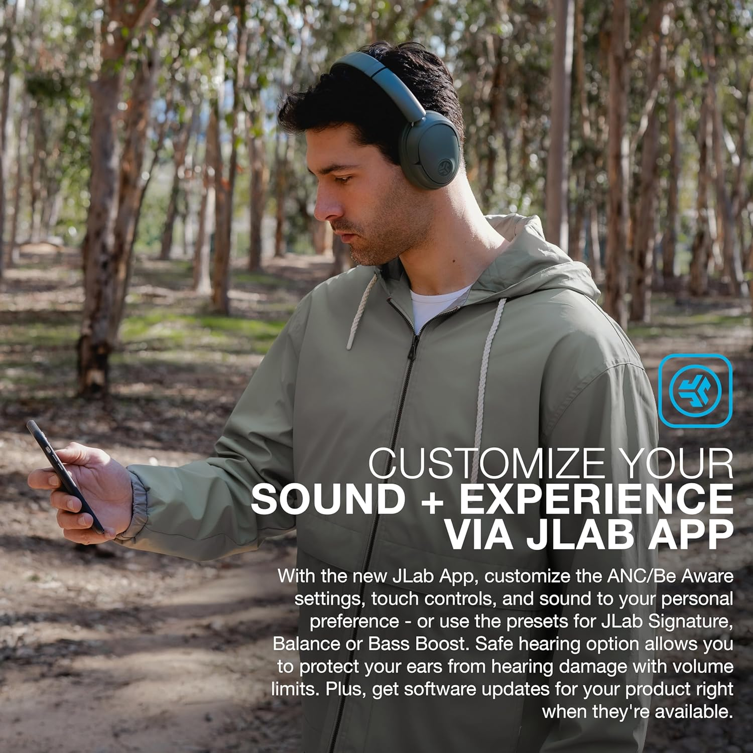 Jlab Jbuds Lux ANC Wireless Headphones, Sage, Hybrid Active Noise Cancelling, Customizable Sound, Spatial Audio Compatible, Premium Over-Ear Bluetooth Headset image number 2