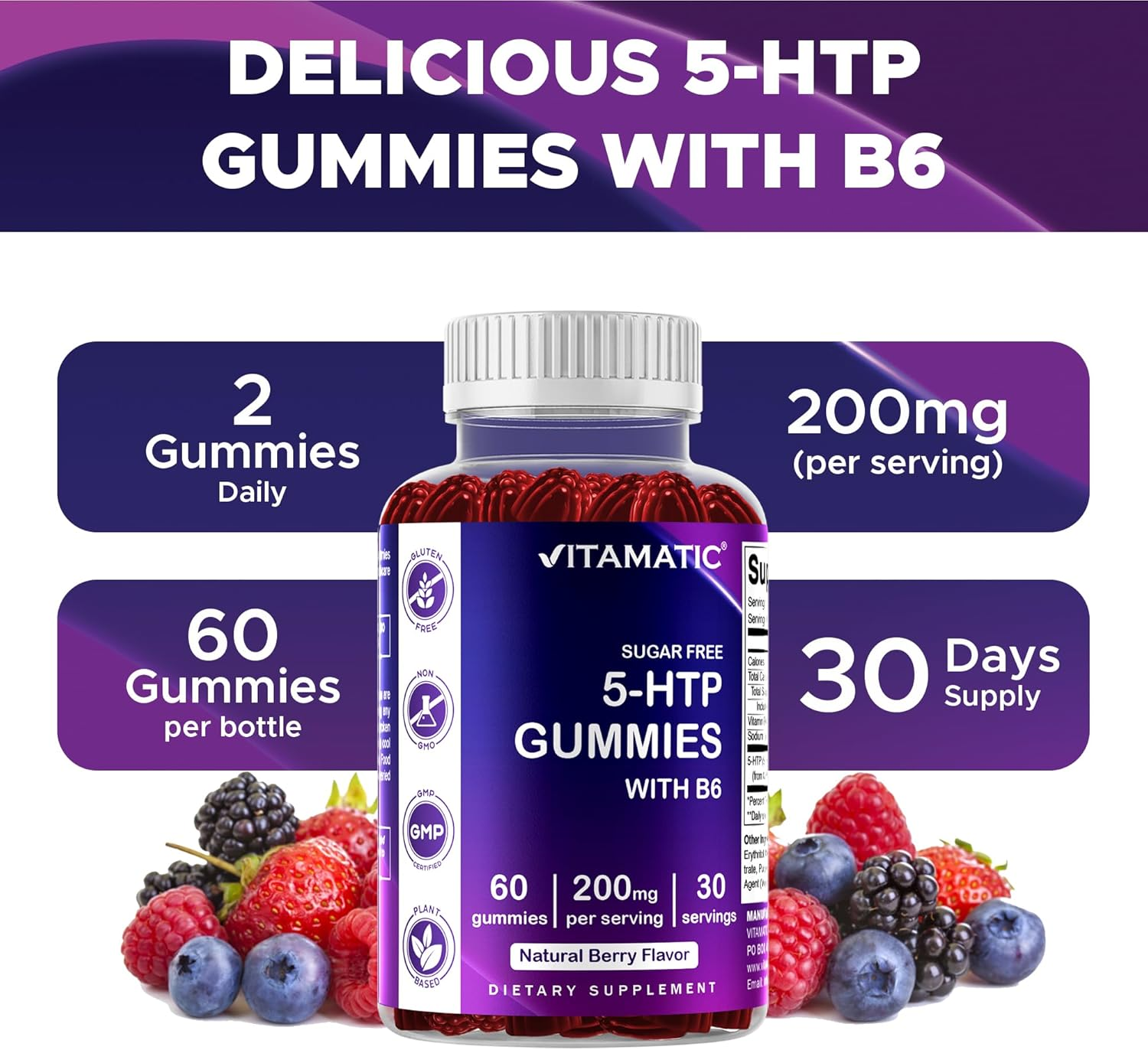 Vitamatic Sugar Free 5-HTP 200Mg Gummies with B6 per Serving - 60 Pectin Based Gummes image number 6