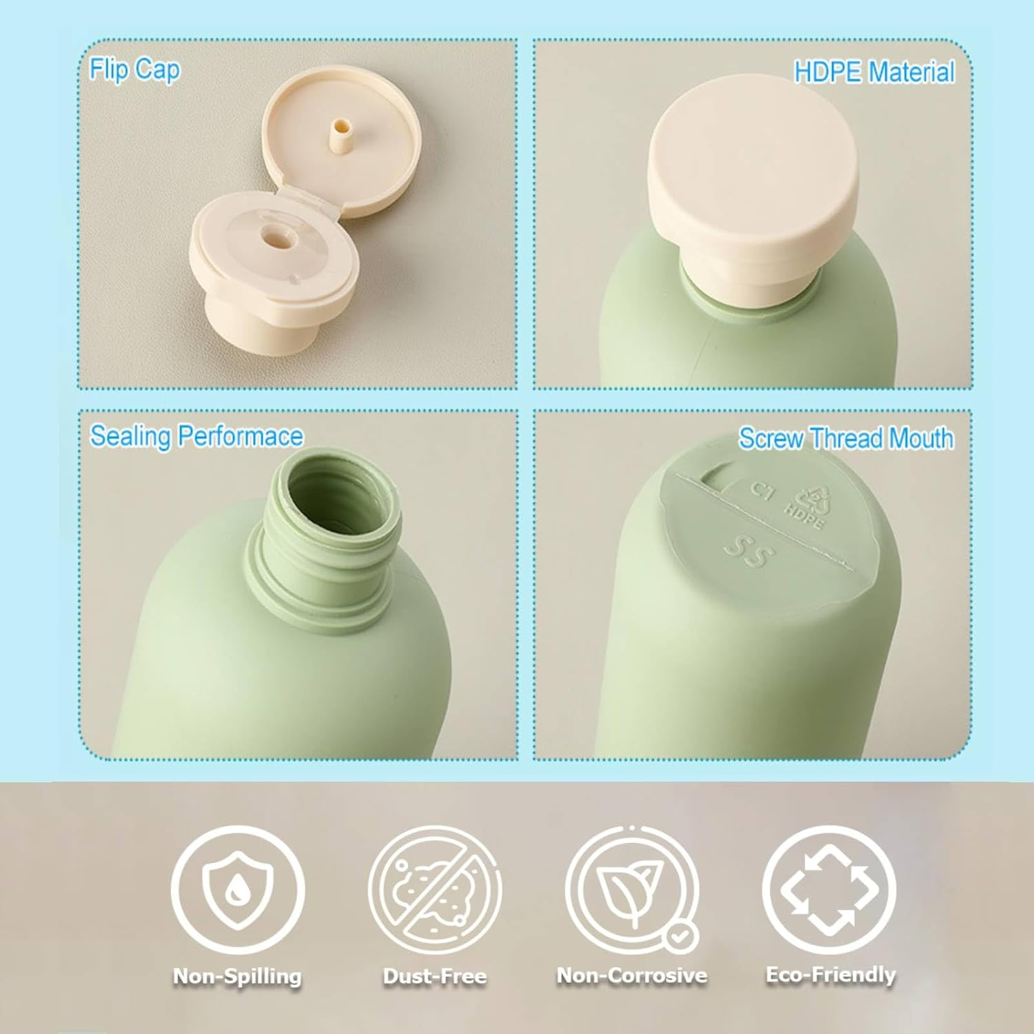 Travel Shampoo Bottles 2 Pcs with Flip Cap and Pump, Travel Bottles for Toiletries 200Ml, Empty Leak Proof Squeeze Travel Containers, for Toiletries,Shampoo and Conditioner (Green+Blue) image number 3