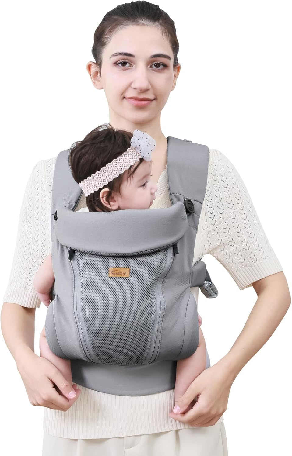 CUBY Baby Carriers from Newborn, Summer Mesh Double Zipper Ergonomic Baby Holder Belt Toddler Carrier from Newborn, Detachable Hood & Reversible Head Neck Support Baby Carrier for Walking Use to 30LBS