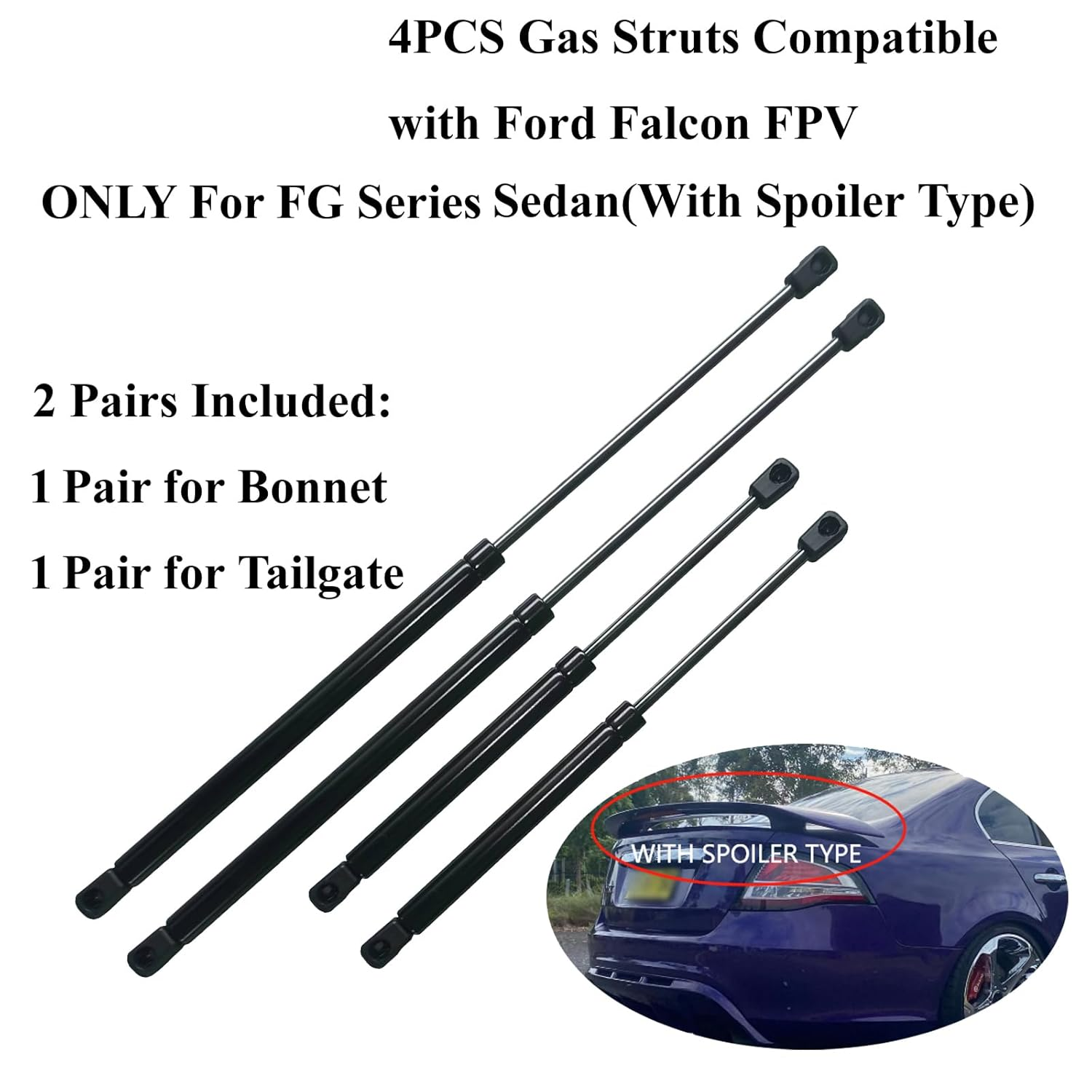 4 Bonnet+Tailgate Gas Struts for Ford Falcon FG Series 2008-2014 Sedan with Spoiler image number 3