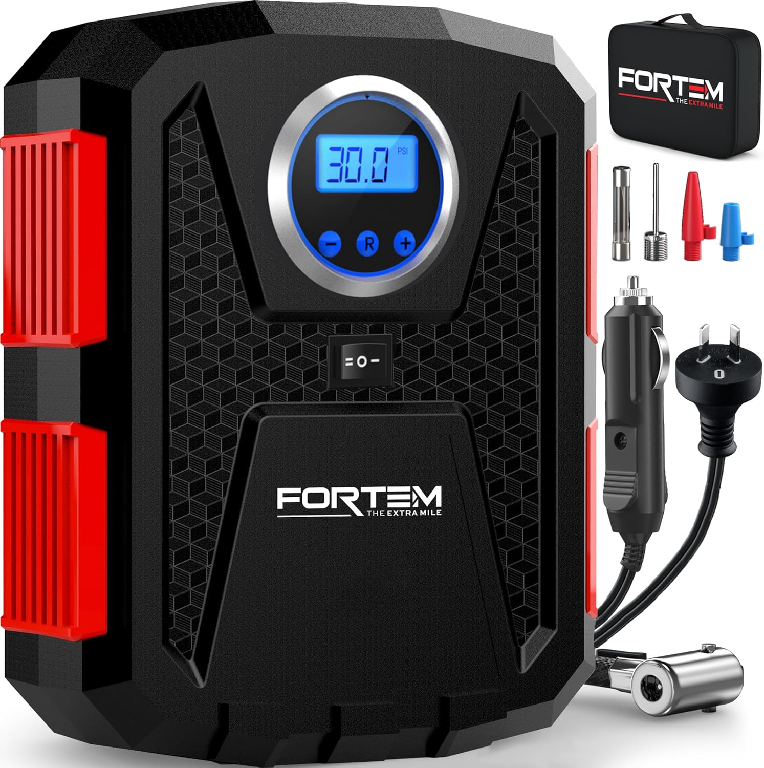 FORTEM Tire Inflator 150 PSI, Bike Pump, 230V AC 12V DC Air Pump for Car Tires, Digital Tire Pressure Gauge W/Auto Pump/Shut Off, Carrying Case image number 3