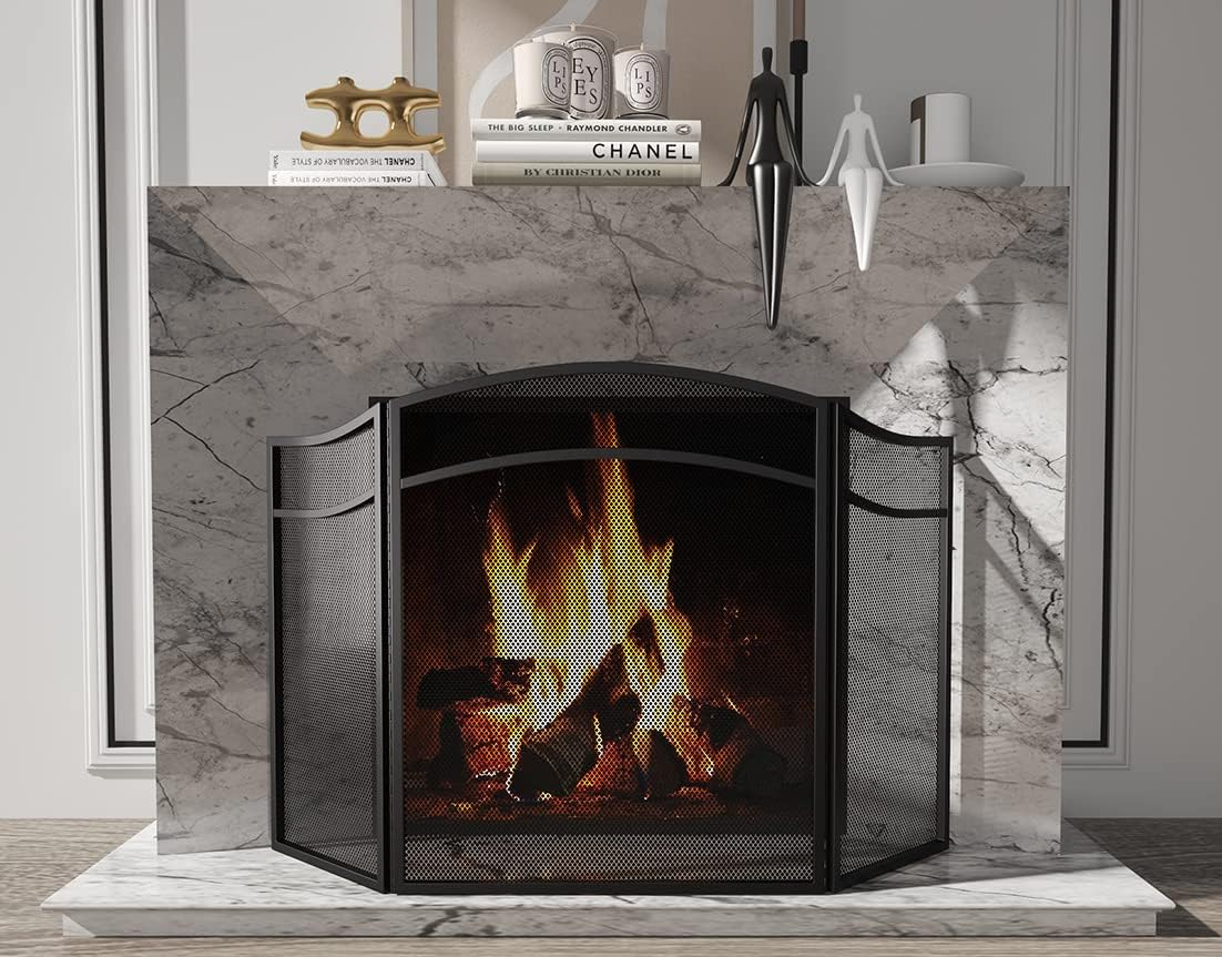 Lizh Fireplace Screen with Arch Frame 3 Panels, Steel Mesh Simple Design Fireplace Screen image number 1