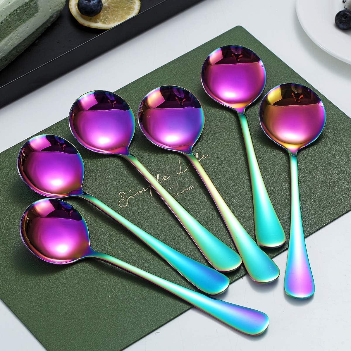 Kyraton Rainbow Soup Spoons, 6 Pieces Stainless Steel round Spoons with Rainbow Titanium Plating, Colorful Dinner Spoon Table Spoon, Spoons Silverware Dishwasher Safe Set of 6 image number 6