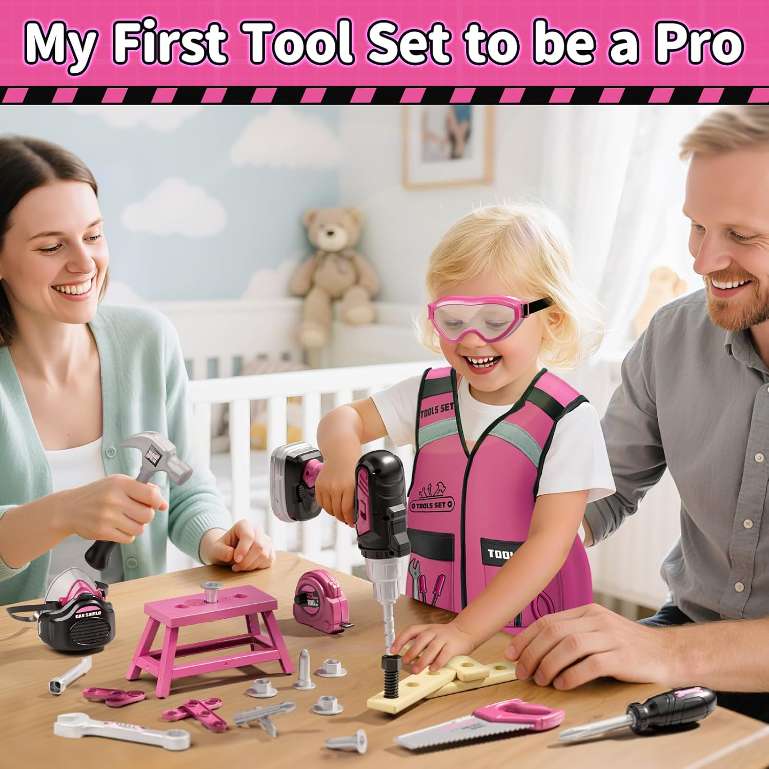 Kidbloom Kids Tool Set, Pretend Play Tool Box with Toy Drill, Construction Toys with Vest, Girls Toys Gift for 3 4 5