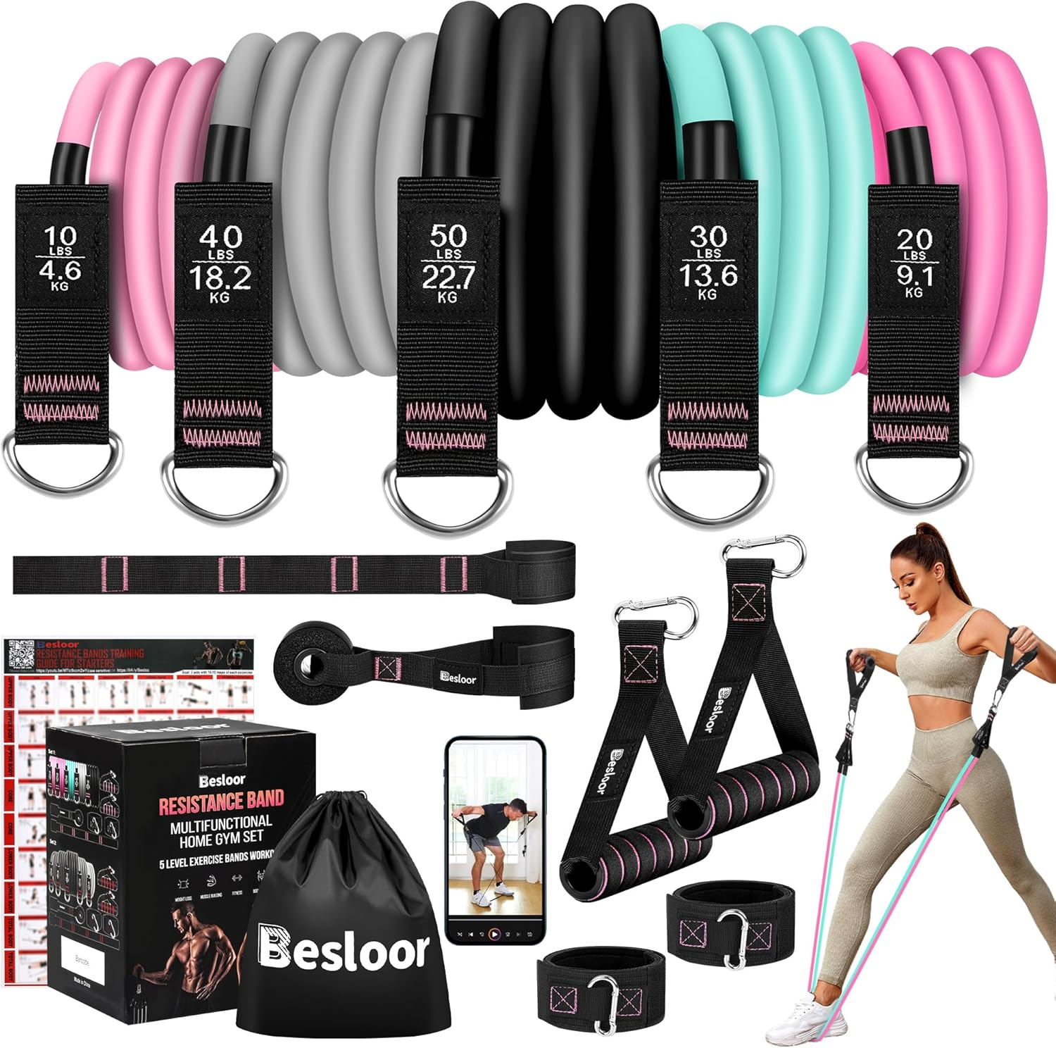 Resistance Band Set. Exercise Bands with Handles, Door Anchor and Ankle Strap. Home Gym, Supports Full-Body Workouts - with Fitness Poster and Video image number 5