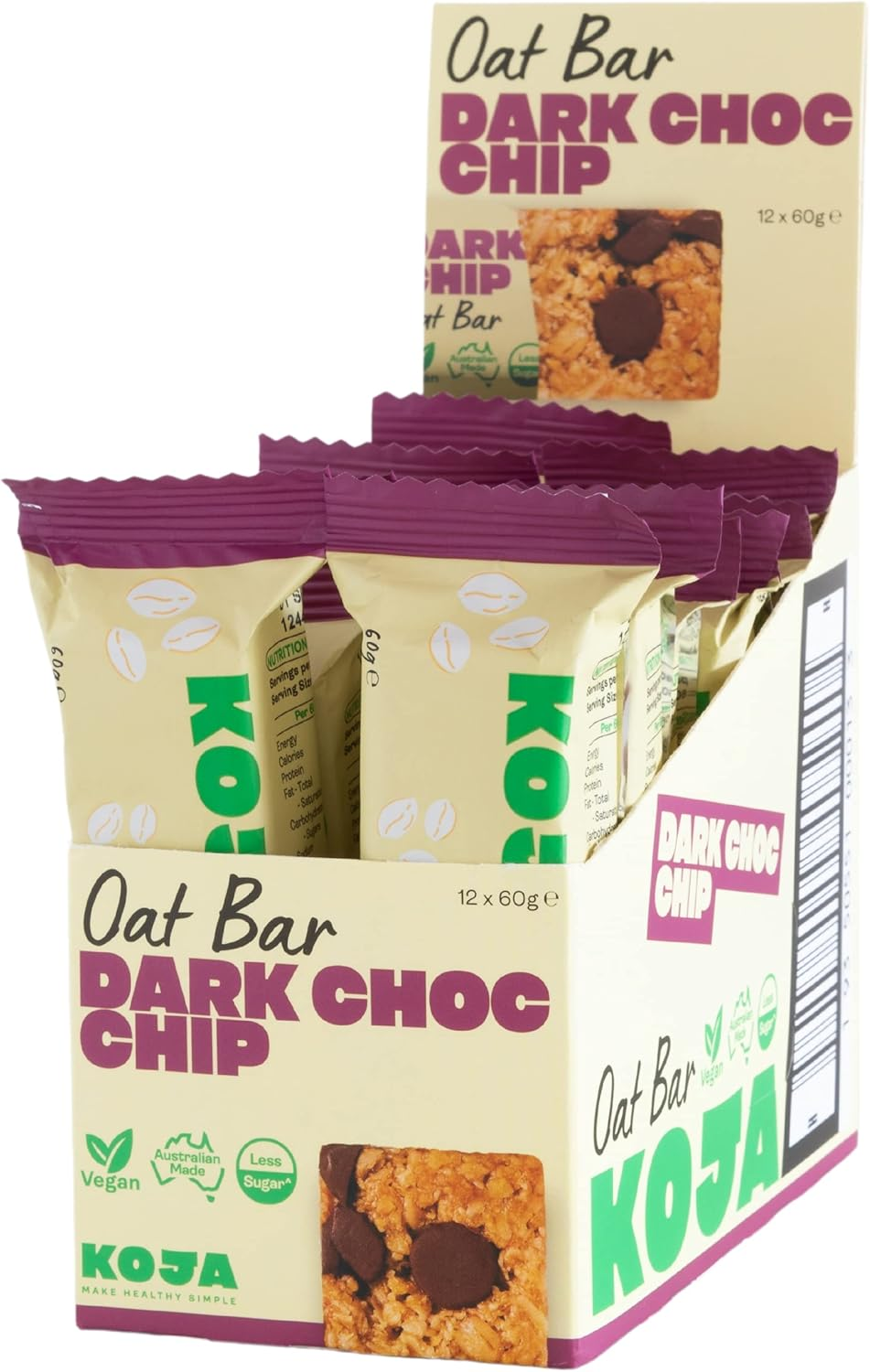 KOJA Health Natural Oat Bar Dark Choc Chip - Less Sugar, All Natural, Australian Made, FODMAP Friendly, Vegan (Pack of 12 X 60G Bars) image number 3