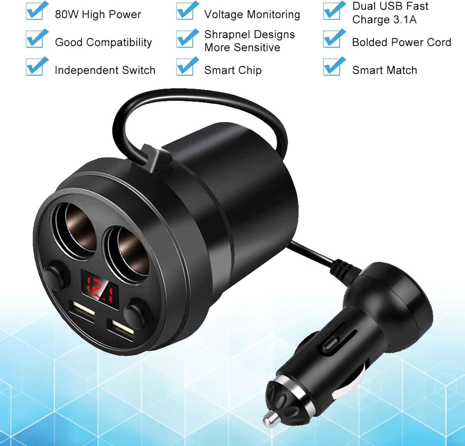 Car Charger, Interior Accessories, Car Cup Holder Insert, Cup Dual USB Car Charger with Wire, Multifunction Cigarette Lighter for Phone, Tablet, PC image number 1