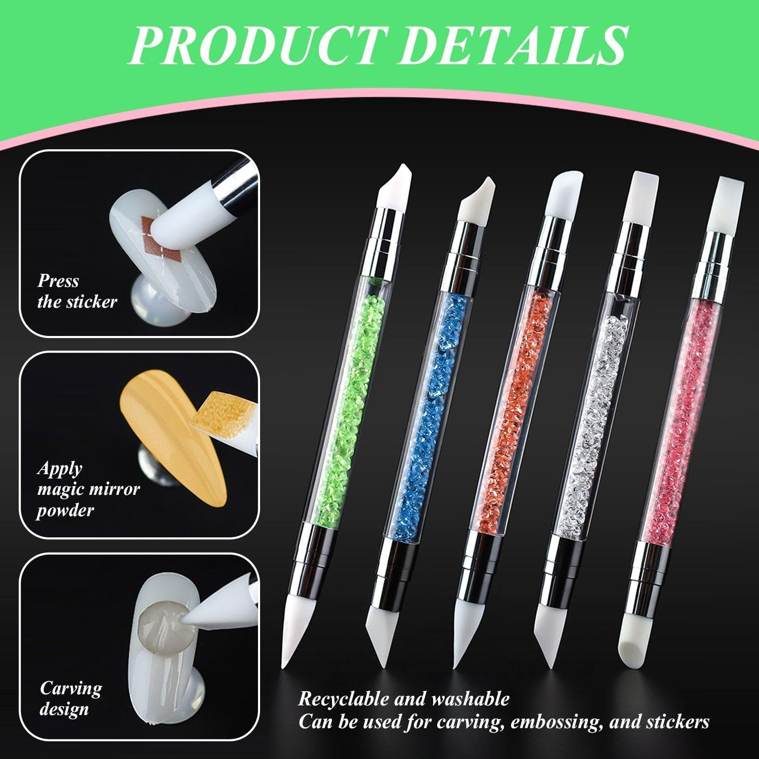 Pack of 10 Nail Art Tools, DIY Nail Art Accessories, Multifunctional Nail Art Tools, Double Sided Silicone Nail Art Pen image number 3