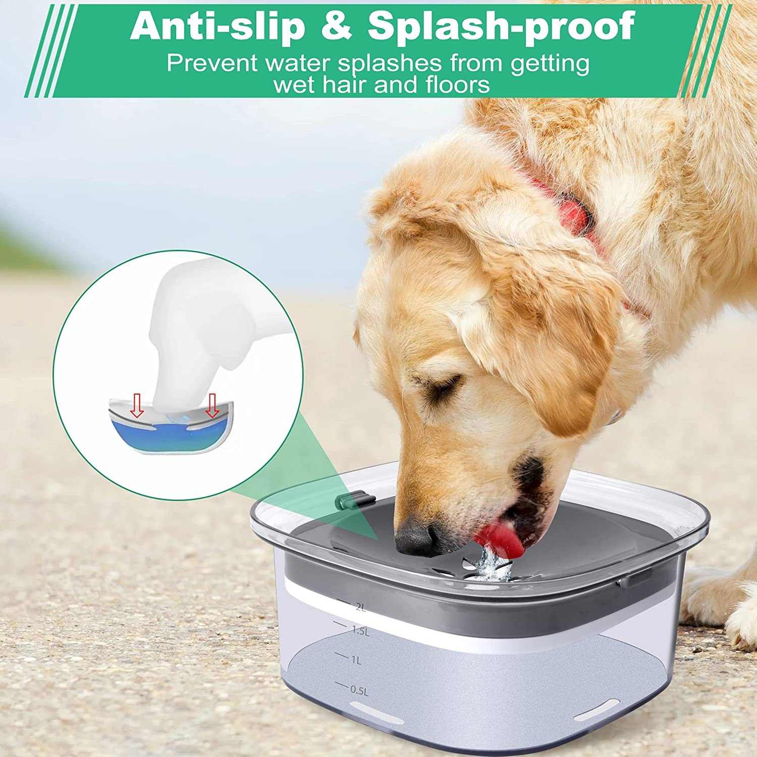 Decflow 2L Dog Water Bowl, Large Capacity Spill Proof Dog Bowl, Anti-Choking No Spill Water Bowl with Slow Water Feeder, Vehicle Carried Travel Water Bowl for Dogs, Cats & Pets image number 4