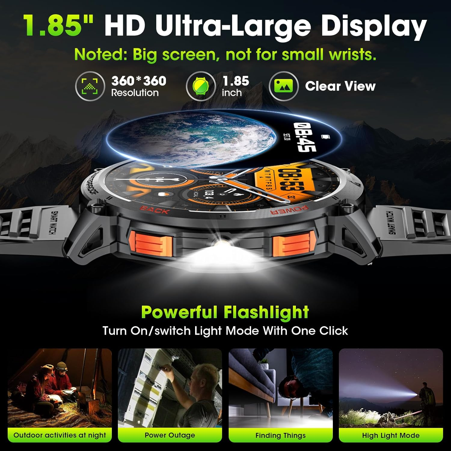 Military Smart Watches for Men, 1.85" HD Large Screen Smart Watch, Flashlight/730Mah/110+ Sports Modes Fitness Tracker Watch, Waterproof Mens Smart Watch for Android Phones Iphone Compatible image number 6