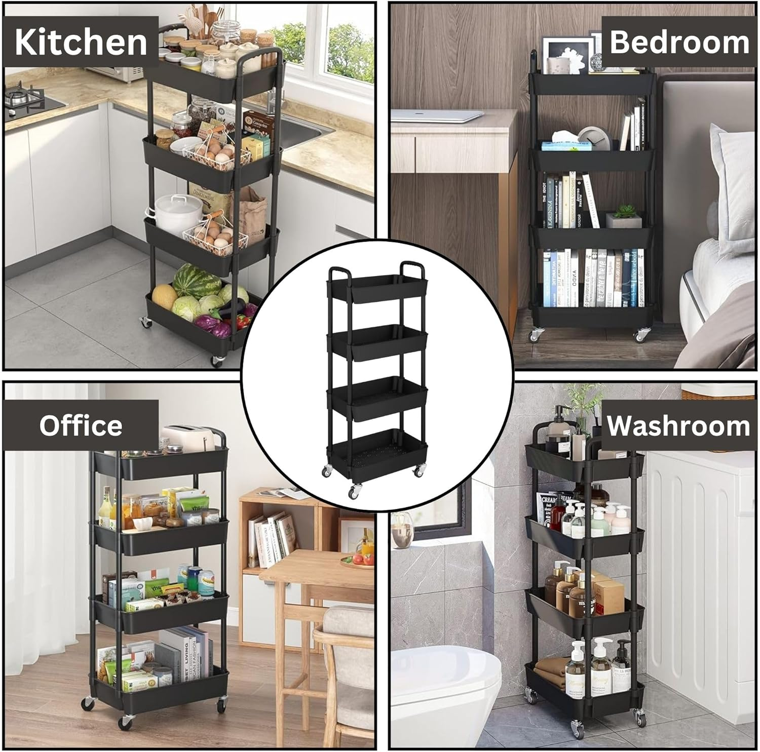 Opal Abode - 4-Layer Storage Trolley with Lockable Wheels &ndash; Slim Rolling Utility Cart Organizer for Kitchen, Bathroom, Office & Laundry &ndash; Mobile Storage Rack with 4 Tiers &ndash; Space Saving Shelf Unit. image number 4