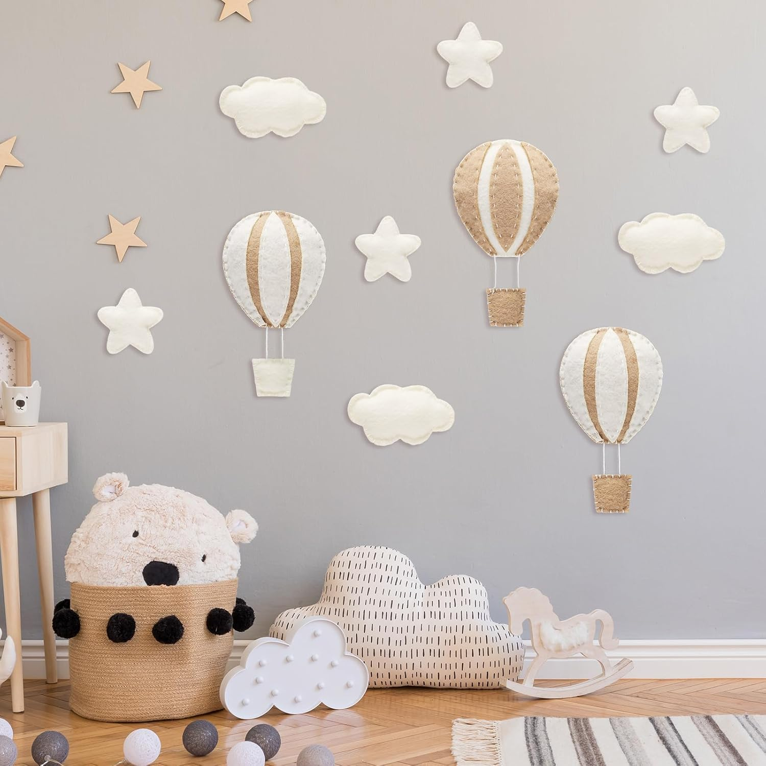 Poen 10 Pcs Star Hot Air Balloon and Cloud Nursery Wall Decor for Bedroom - Mini Felt Clouds Stars Western Decor for Kids Baby Room (Khaki) - Khaki image number 6