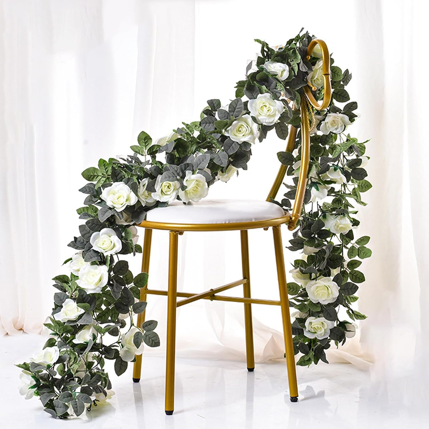 Bacucine Flower Garland Rose Vine 4Pcs 28FT Artificial Floral Garland with Green Leaves Hanging Rose Vine for Wedding Party Garden Home Wall Decor (White) image number 5