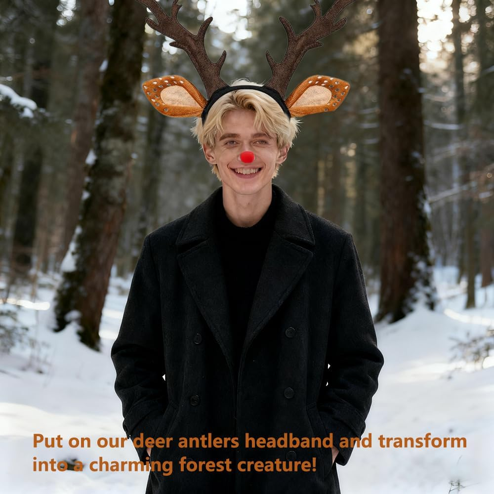 Christmas Reindeer Antlers Headbands with Red Nose and Tail Set Deer Antlers Headband Christmas Reindeer Ears Headband for Xmas Party Favors Cosplay Costume Supplies image number 6