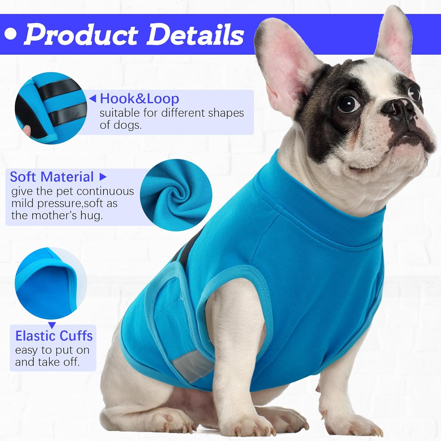 Dog Anxiety Relief Coat - Calming Vest for Small Medium Dogs | Adjustable Machine Washable Pet Anxiety Jacket for Fireworks & Travel Stress-Blue-Xs image number 6