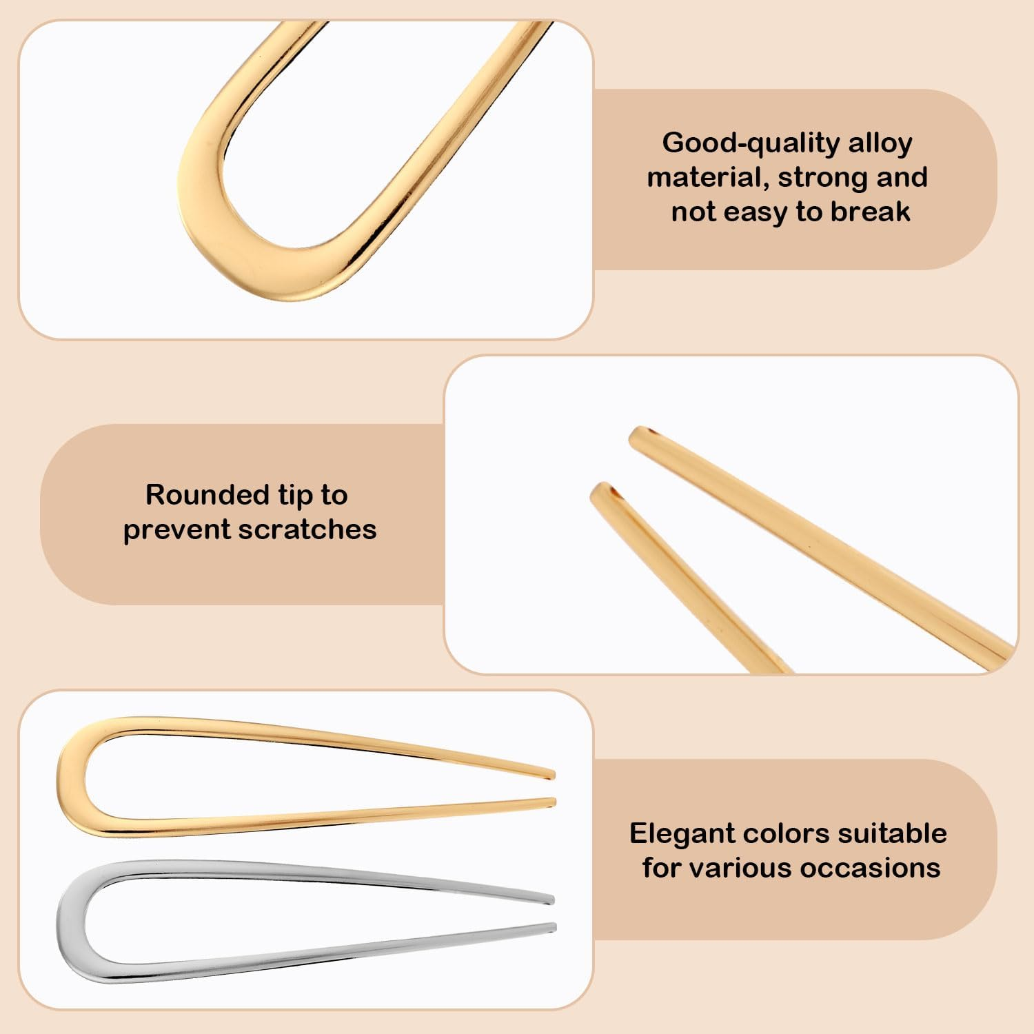 4 Pc French Hairpin, 2 Sizes Alloy U-Shaped Hair Sticks Gold Silver Chignon Hairpin Hair Styling Pins French Twist Hair Clips for Knots Women Gifts image number 2