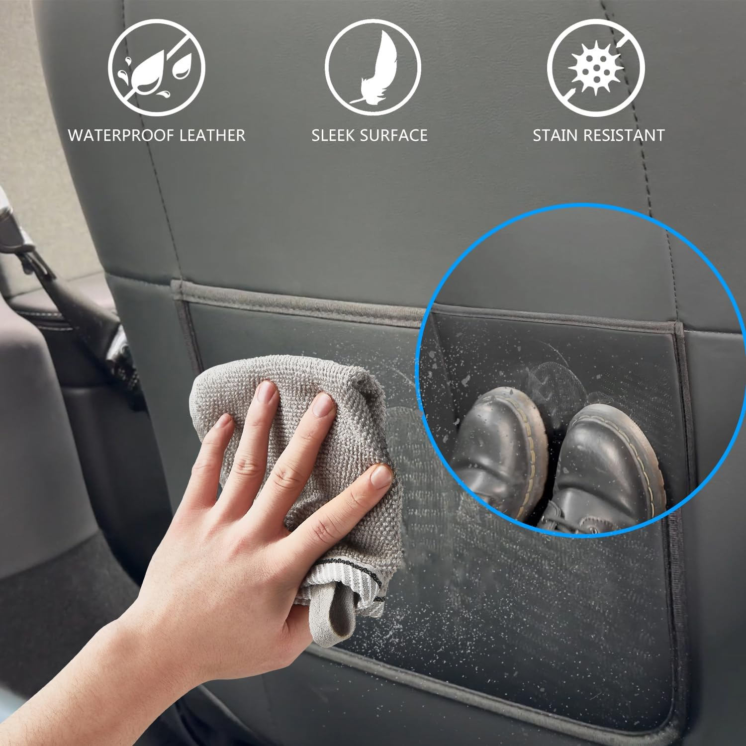 Seat Back Kick Protector for Tesla Model Y Model 3 Model S Model X Leather Backseat Mats for Kids Wear-Resistant Back Seat Cover with Extra Organizer Pocket 2 PCS -Black image number 4