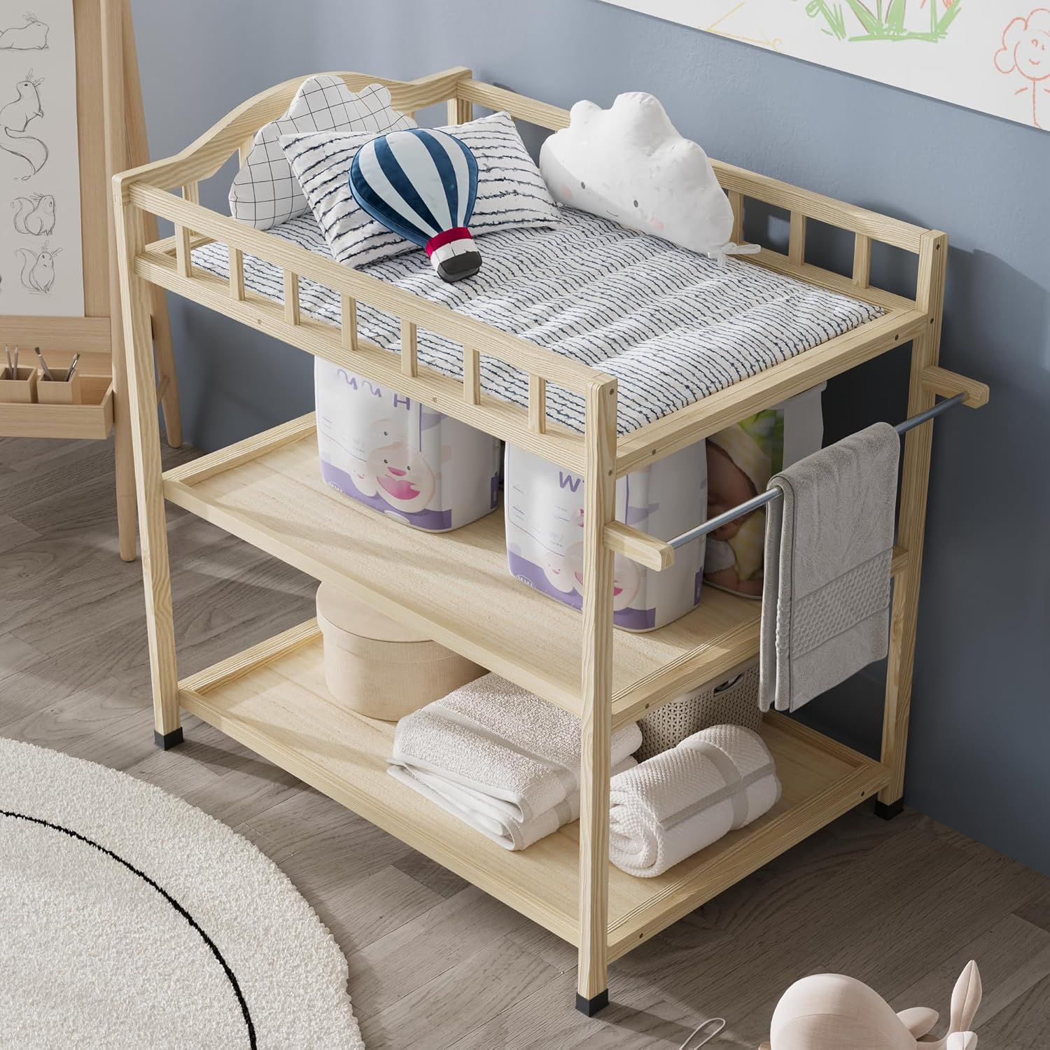 Baby Changing Table with Storage Shelves, Wooden Portable Nursery Diaper Changing Station for Infants, Children'S Room, Bedroom, Natural, Pine Wood image number 3