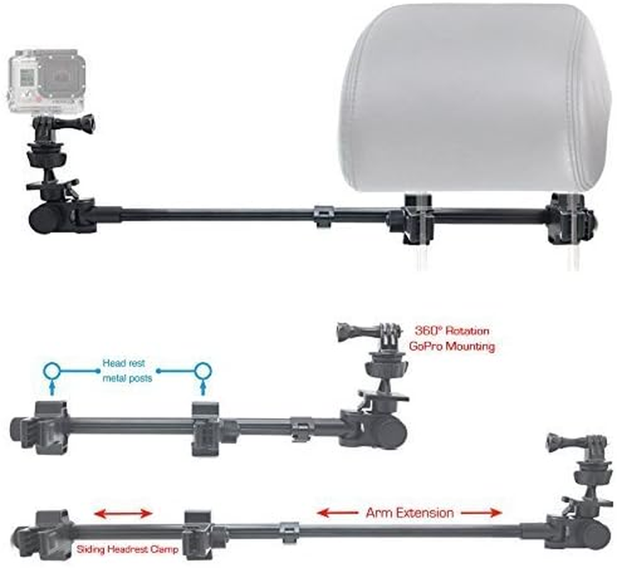 Chargercity Dual Post Telescopic Headrest Mount for All Gopro Hero Session Sony Contour ROAM AKASO Yi 4K Action Cam Camera to Record Drifting Race Track Racing Video (Include Tripod Adapter & Wrench) image number 2