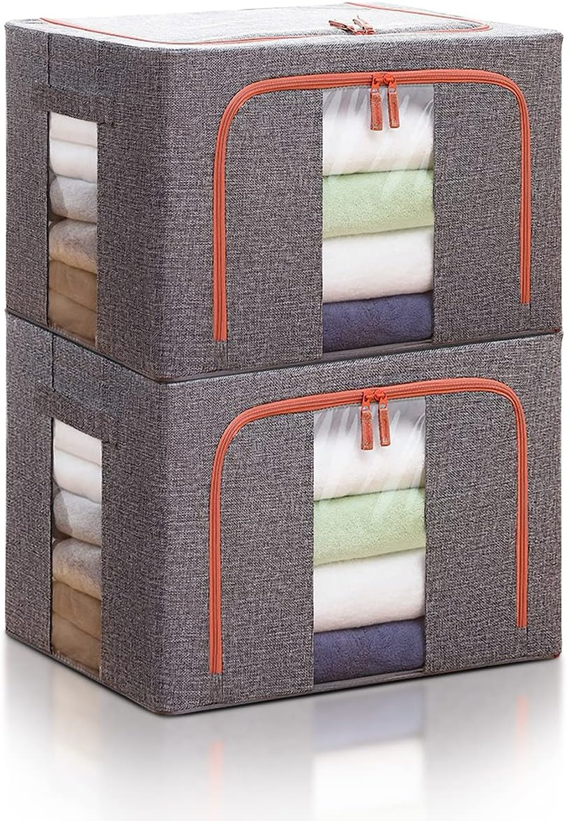 Miss Rui Clothes Storage Organizer Bag Linen 2 Pack Large 66L Capacity Closet Organiser Bins Containers Steel Frame Storage Box for Clothing with Clear Window & Reinforced Handles (Grey) image number 3