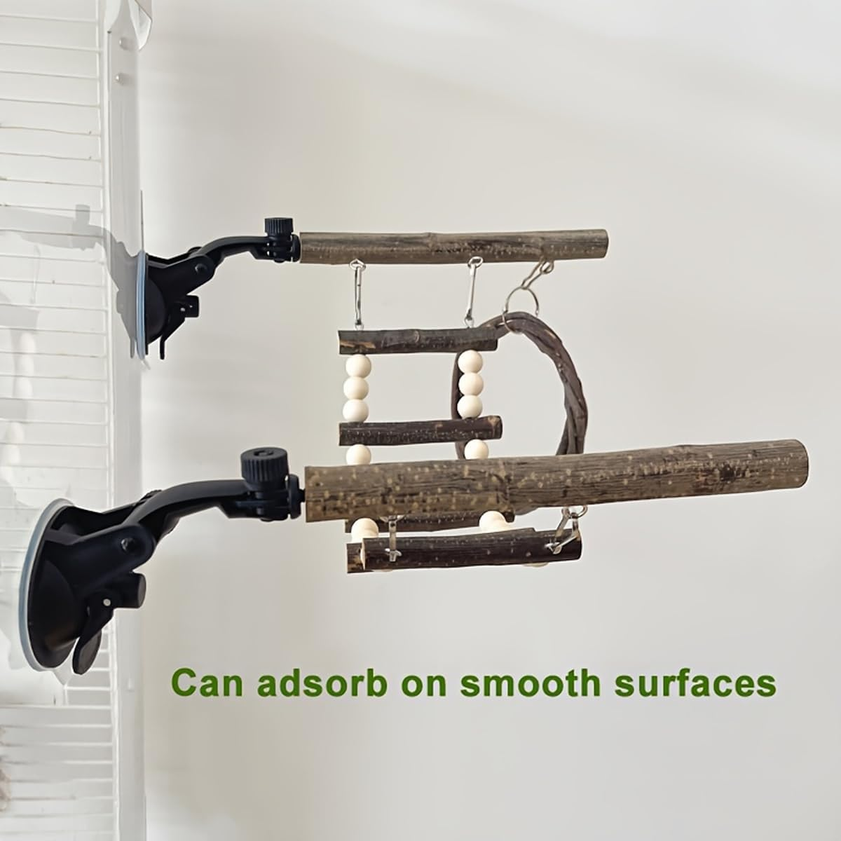 AIMALL Wooden Parrot Climbing Ladder and Swing Toy Set, Cage-Mount Interactive Bird Perch with Suction Cup or Nut Washer Fixing, Natural Log Design, 14.96X7.87 Inches image number 4