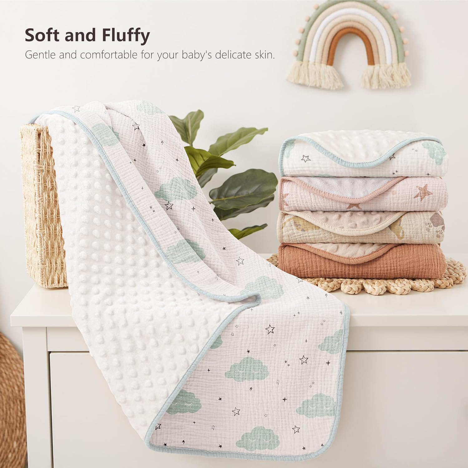 Susurration Baby Blanket 30X40Inch Soft Fluffycotblankets with Muslin Cotton Front and Dotted Fleece Back Receiving Blanket for Unisex Baby Girls Boys Newborn Infant (Sleeping Clouds) image number 3
