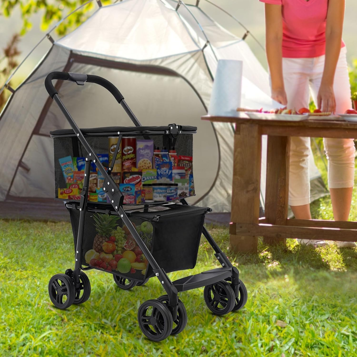 Folding Shopping Cart, Newly Upgraded 80 Lbs Foldable Grocery Cart, Portable Multifunctional Cart with Removable Tote Bag, Large Storage Space, with 360&deg; Wheels and One-Step Parking Brake, Black image number 2