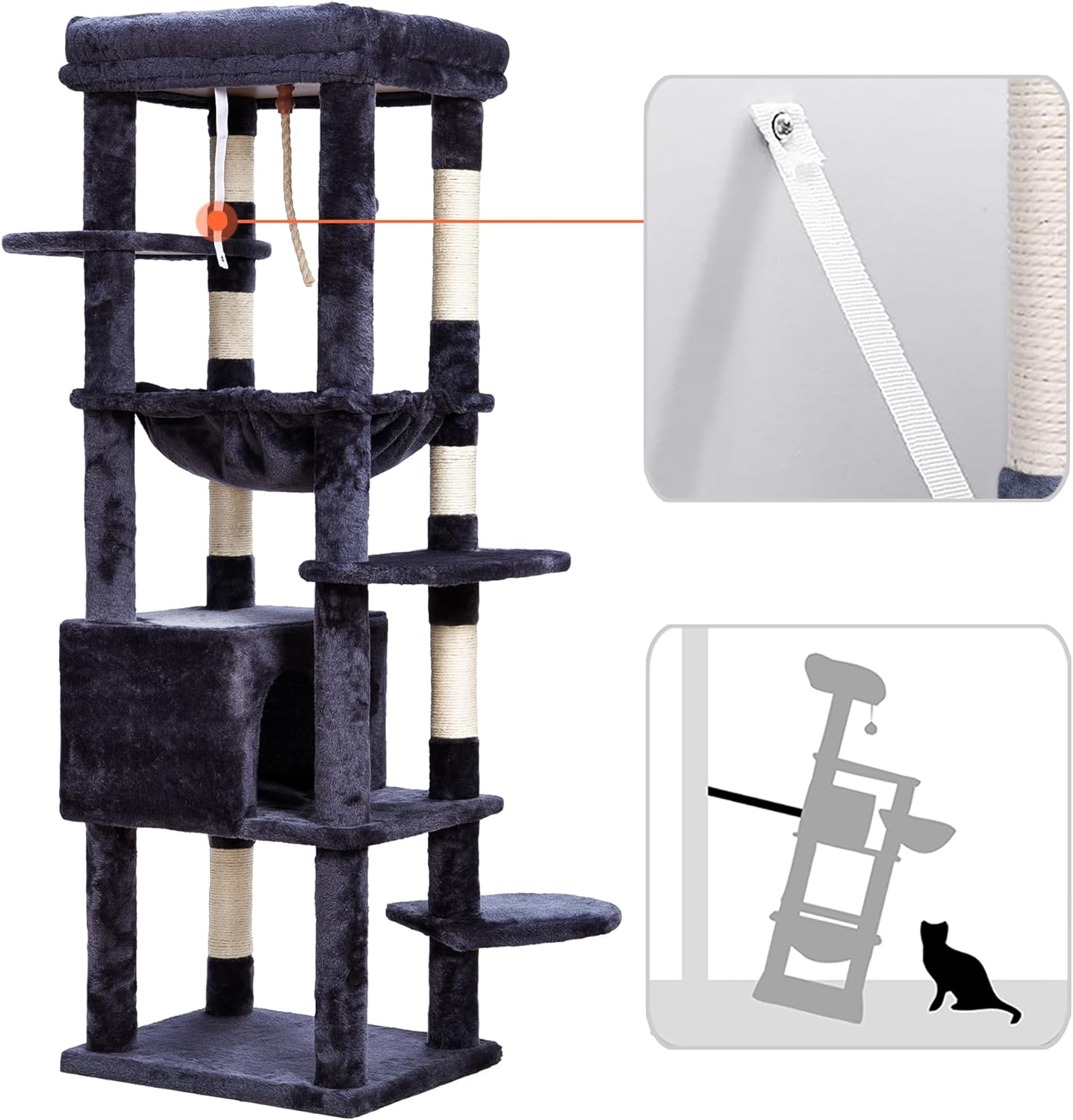 Heybly Cat Tree for Large Cats 20 Lbs Heavy Duty,60 Inches XXL Cat Tower for Indoor Cats,Multi-Level Cat Furniture Condo for Cats with Big Padded Plush Perch,Cozy Basket HCT050G