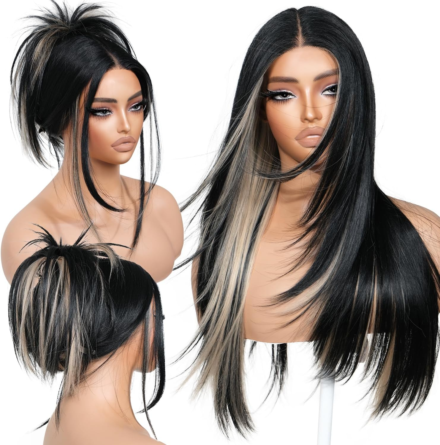 Black Blond Skunk Stripe Wear and Go Glueless Wigs Pre Plucked Pre Cut for Beginners Synthetic Lace Front Wigs with Bangs Long Straight Layered Wigs Highlights 26 Inch 3 Seconds to Wear