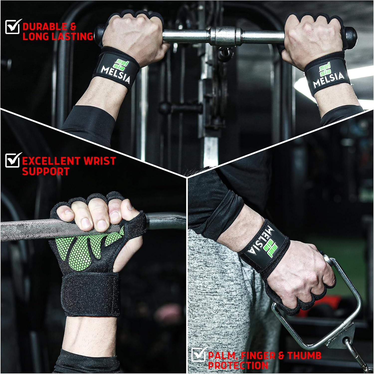 MELSIA Gym Gloves for Men and Women - Weightlifting Workout Gloves with Buit-In Wrist Wrap Support for Pull-Ups, Powerlifting Training - Ergonomic Palm Padding & Super-Strong Silicone Grip image number 5