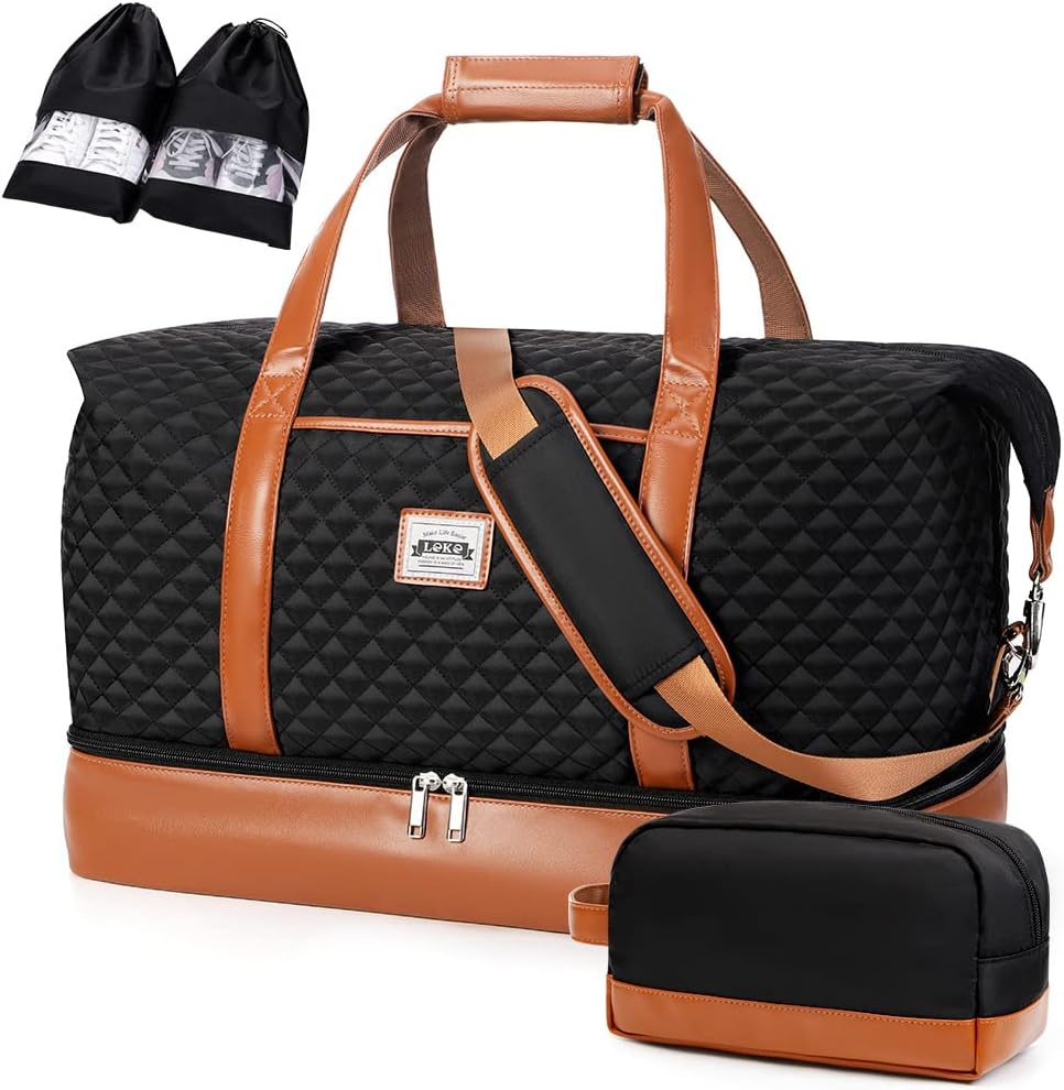 Lekebobor Travel Duffel Bag for Women, Overnight Weekender Bag with Toiletry Bag for Women, Waterproof Carry on Bag Hospital, Gym, Sport (50L, Black) image number 4