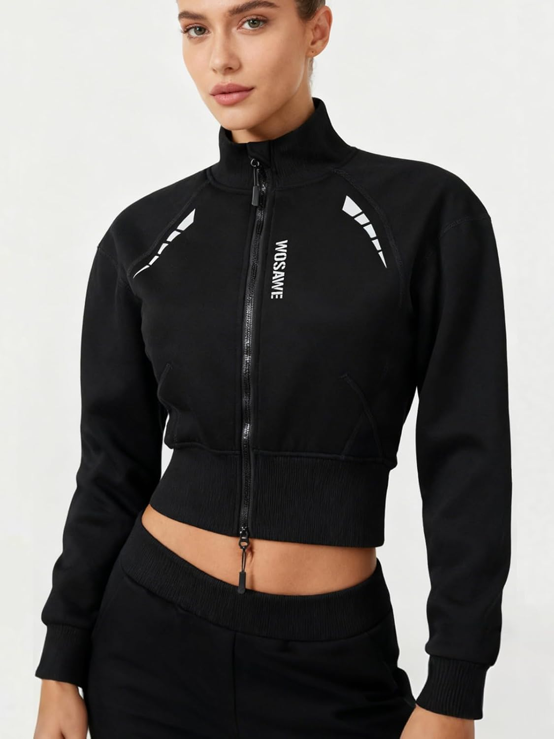 WOSAWE Women'S Motorcycle Fleece Jacket CE Pad Insert Zip up Sweatshirt Biker Trendy Cropped Sweaters image number 2