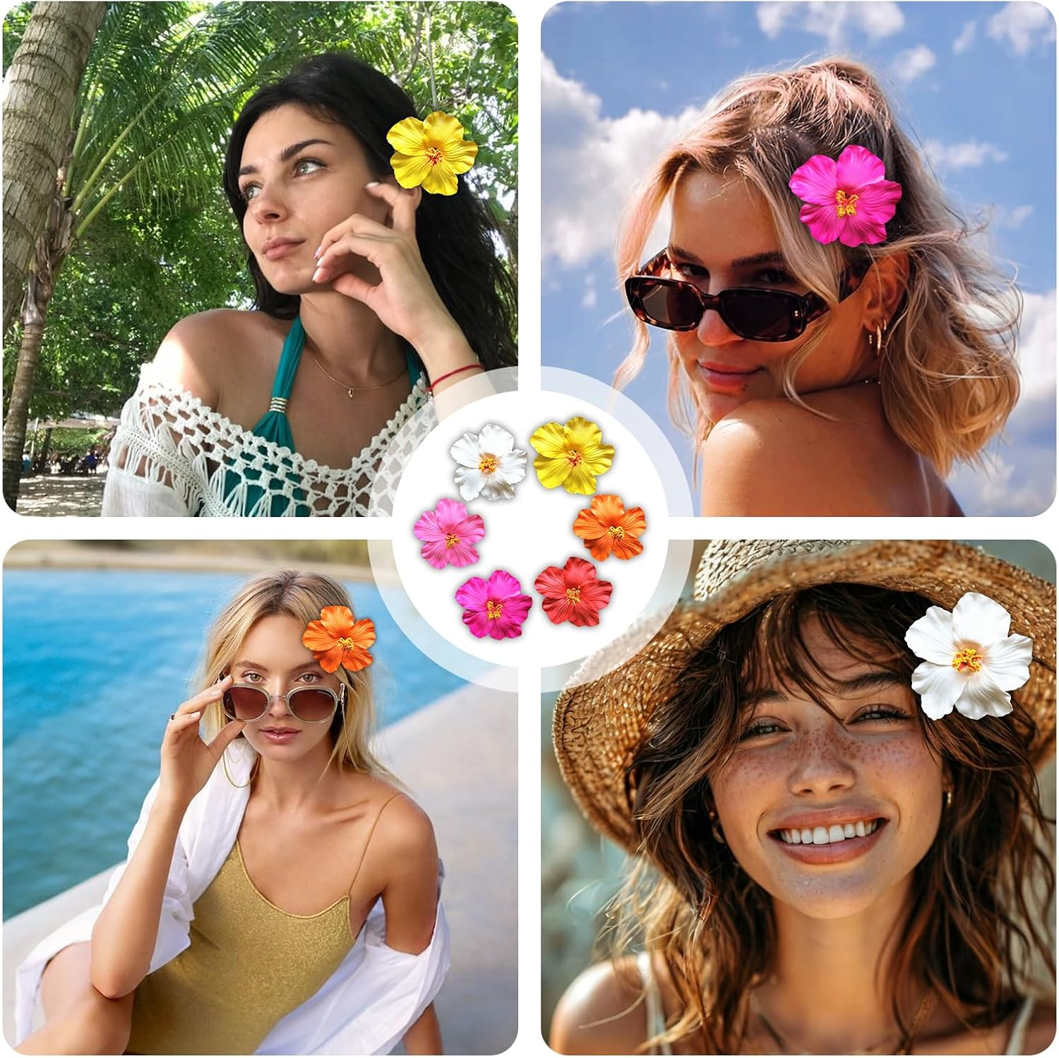 Elevapulse Pack of 6 Hawaii Flower Hair Clips, Hawaii Outfit Women'S Accessories, Hair Clips with Hawaiian Flowers for Women, Flower Hair Clip Set for Beach Party, Beach Holidays and Weddings, 10 Cm image number 6