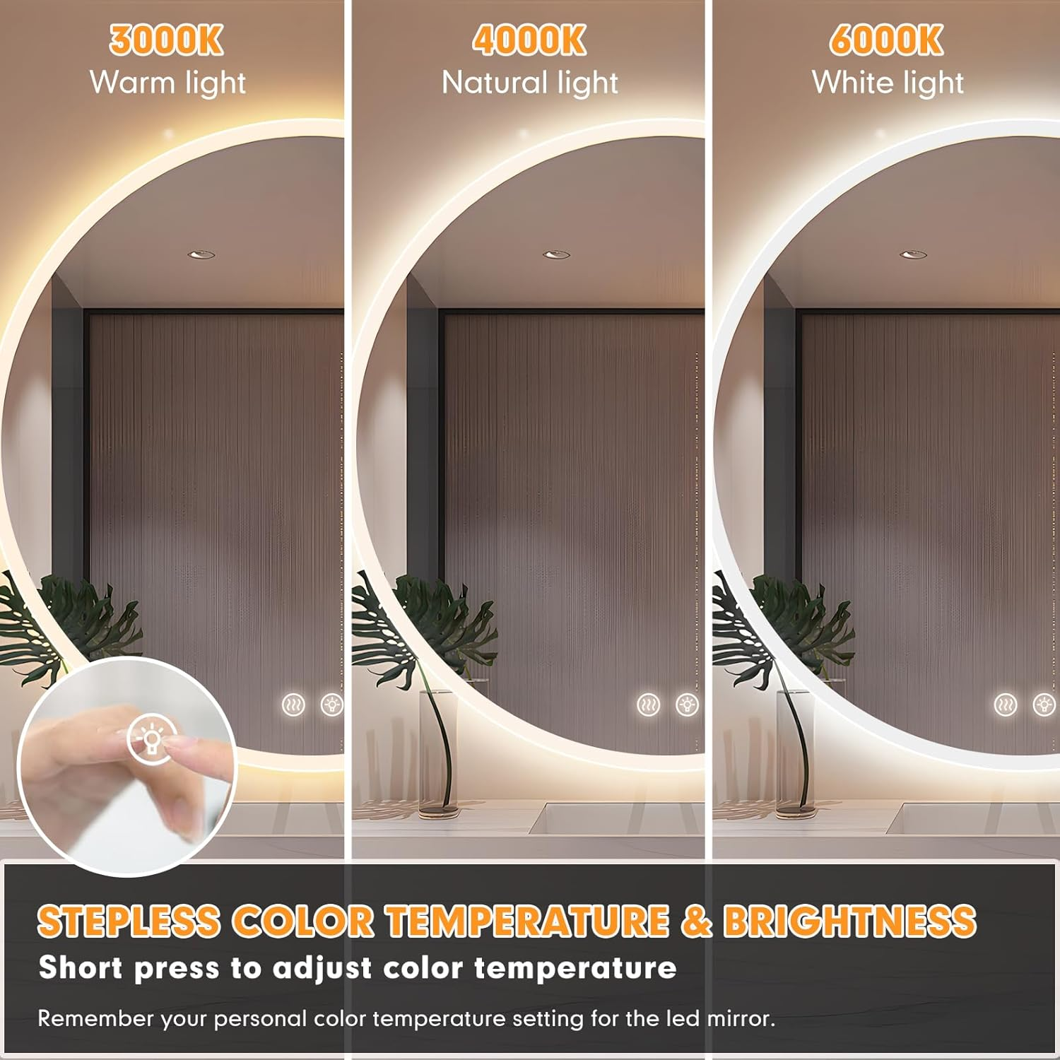 28 Inch Led Bathroom Mirror Frameless Bathroom Mirror with Lights Dimmable anti Fog Backlit Mirror round Smart Lighted Bathroom Mirrors Wall Mounted Touch Button,Tempered Glass,Memory Function image number 4