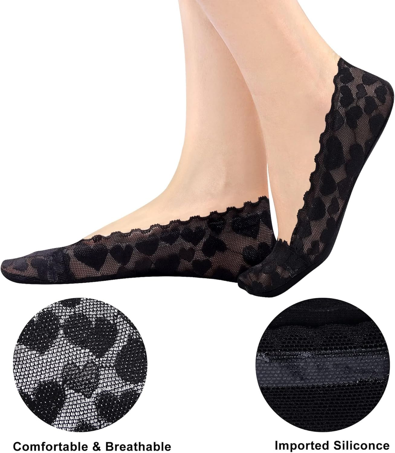 Women No Show Socks - 6 Pairs Non Slip Lace Invisible Socks, Ultra Low Cut Liner Socks Lace Boat Socks for Sneakers High-Heel Shoes - Flower-3Beige3Black image number 5