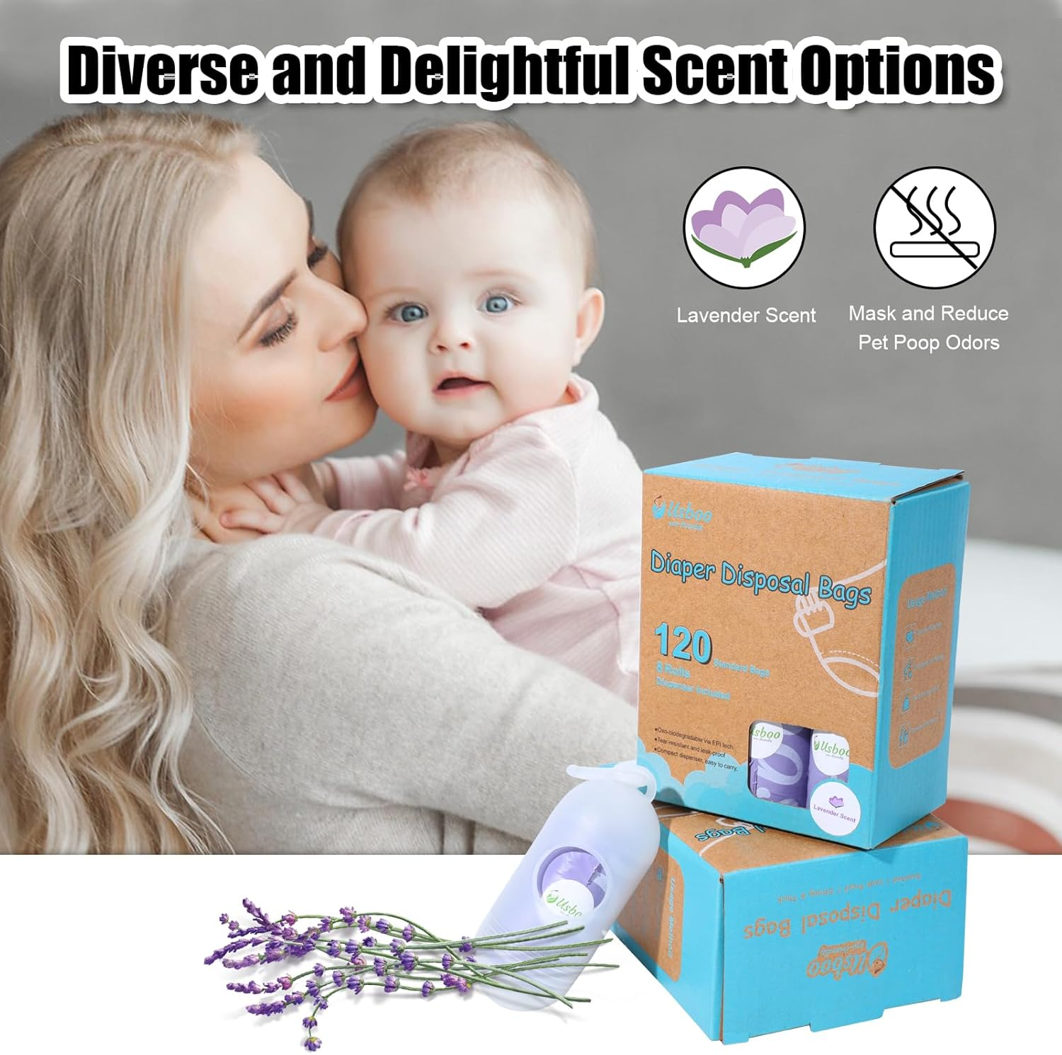 Disposable Diaper Bags for Baby | 8 Refill Rolls (120 Pack) | Lavender Scented | Baby Poop Bags with Dispenser | Essential for Travel and Quick Change on the Go image number 3