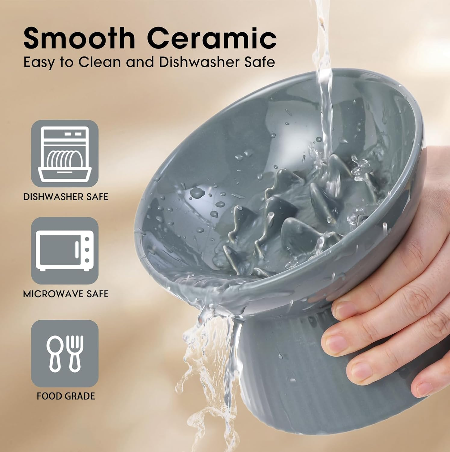 Elevated Slow Feeder Bowl for Cats and Small Dog, Stop Vomiting & Choking, Ceramic Cat Slow Feeder Bowl, Spill-Proof & Anti-Tipping, Easy to Clean, No Black Chin, Raised Cat Bowl Slow Feeder - Grey image number 5