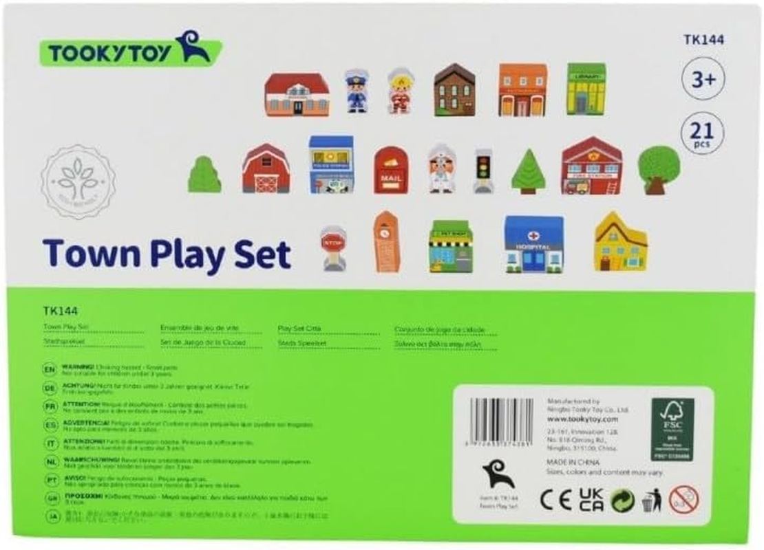 Tooky Toy Town Play Set in Wooden Case: Wooden Town Building and Figurines Pretend Play City Set