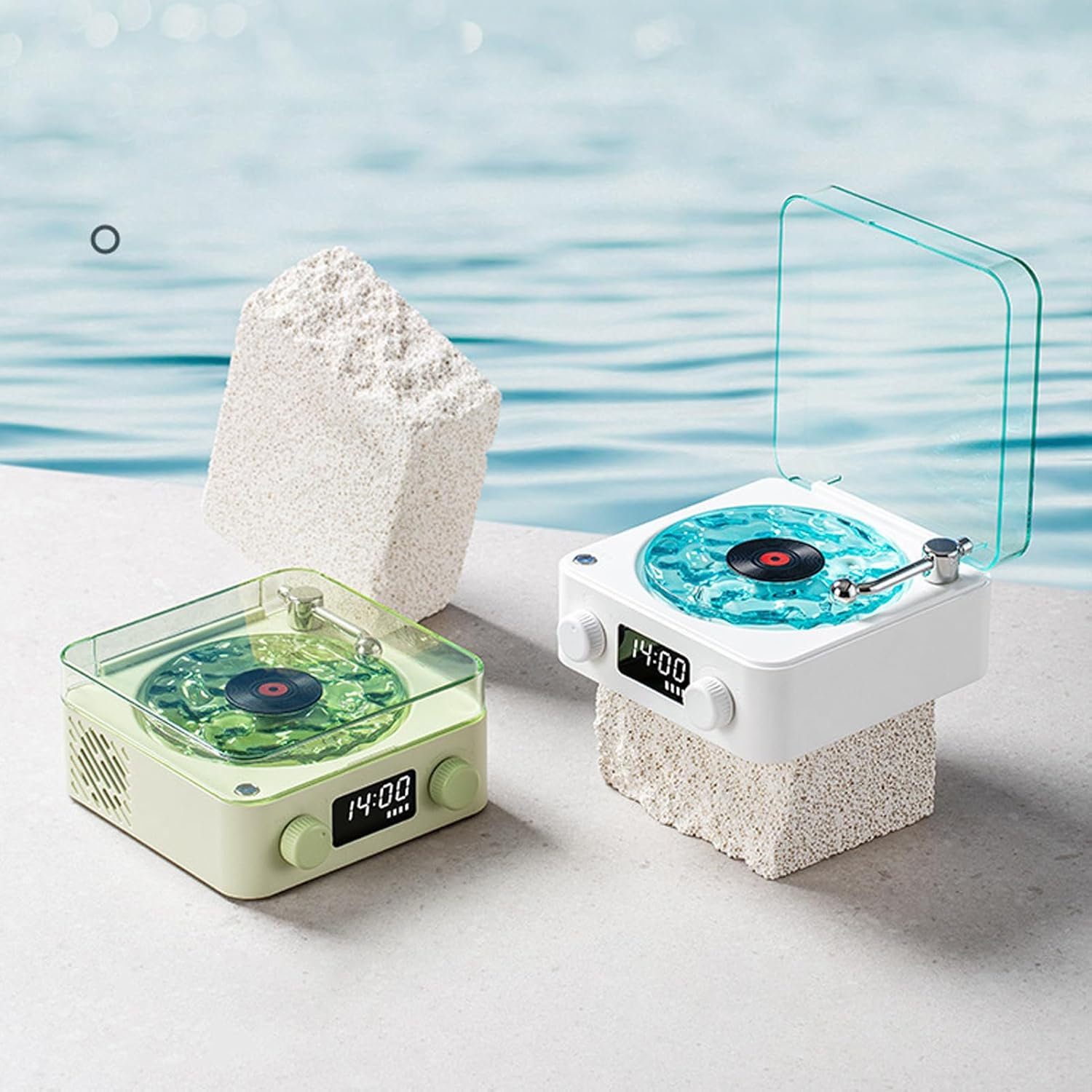 Waves Vinly Bluetooth Speaker, the Waves Vinly Player with Water Ripple Light, Retro Style Vinly Record Player, Aqua Speaker for Bedroom, Office, Party (White) - White image number 5