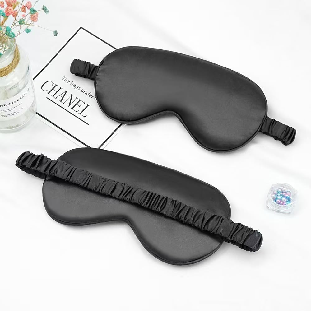 Sleeping Mask Soft Silk Satin Travel Blackout Eye Mask with Elasticated Strap/Headband Soft Eye Mask for Nighttime Sleeping, Travelling, Napping (Black & Black) image number 3