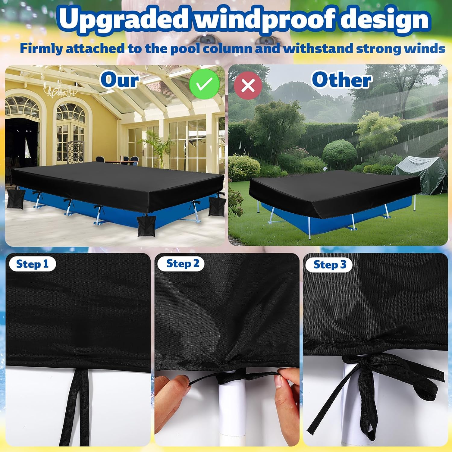 14X7X1 Ft Rectangle Pool Cover for above Ground Pools, Heavy-Duty 210D Oxford Fabric Cover with 4 Sandbags & 1 Storage Bag image number 4