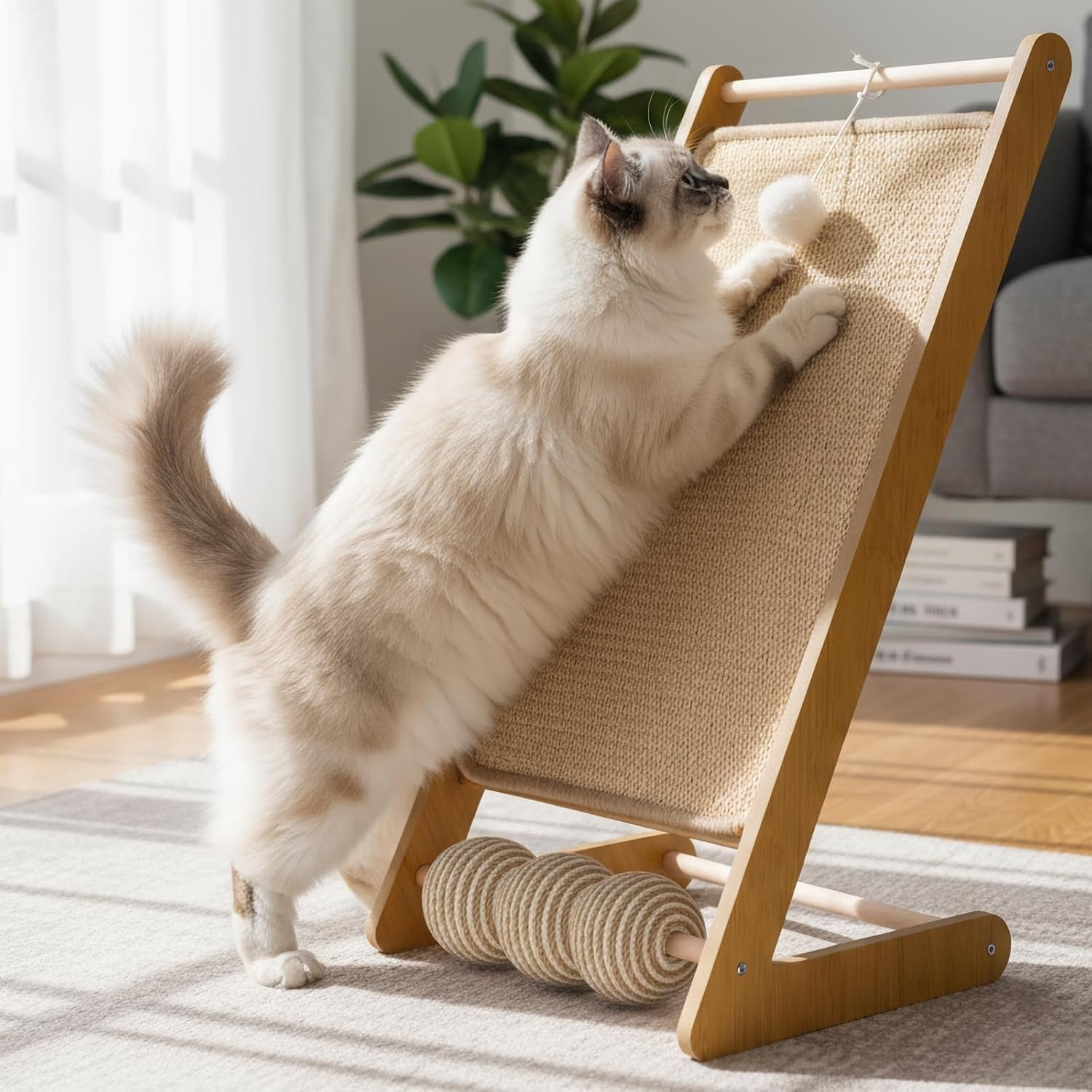 Fiula L-Shape Sisal Cat Scratching Board, Cat Scratching Post, Scratching Furniture Cat, Sisal, Vertical Scratching Board for Cats with Ball Toy, Suitable for Cats of All Ages image number 4