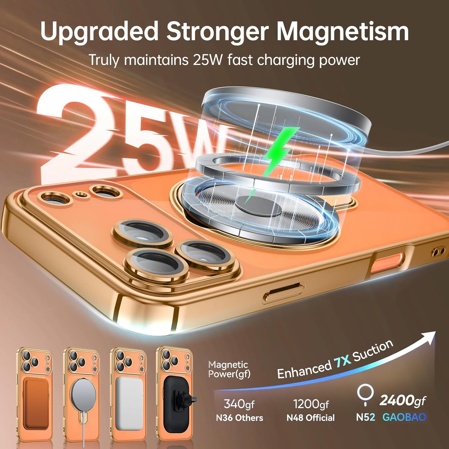 Gaobao Case for Iphone 17 Pro Max, Mobile Phone Case Iphone 17 Pro Max with Invisible Magnetic Ring Stand [Compatible with Magsafe] Coating, Transparent Back Protective Case, Gold image number 2