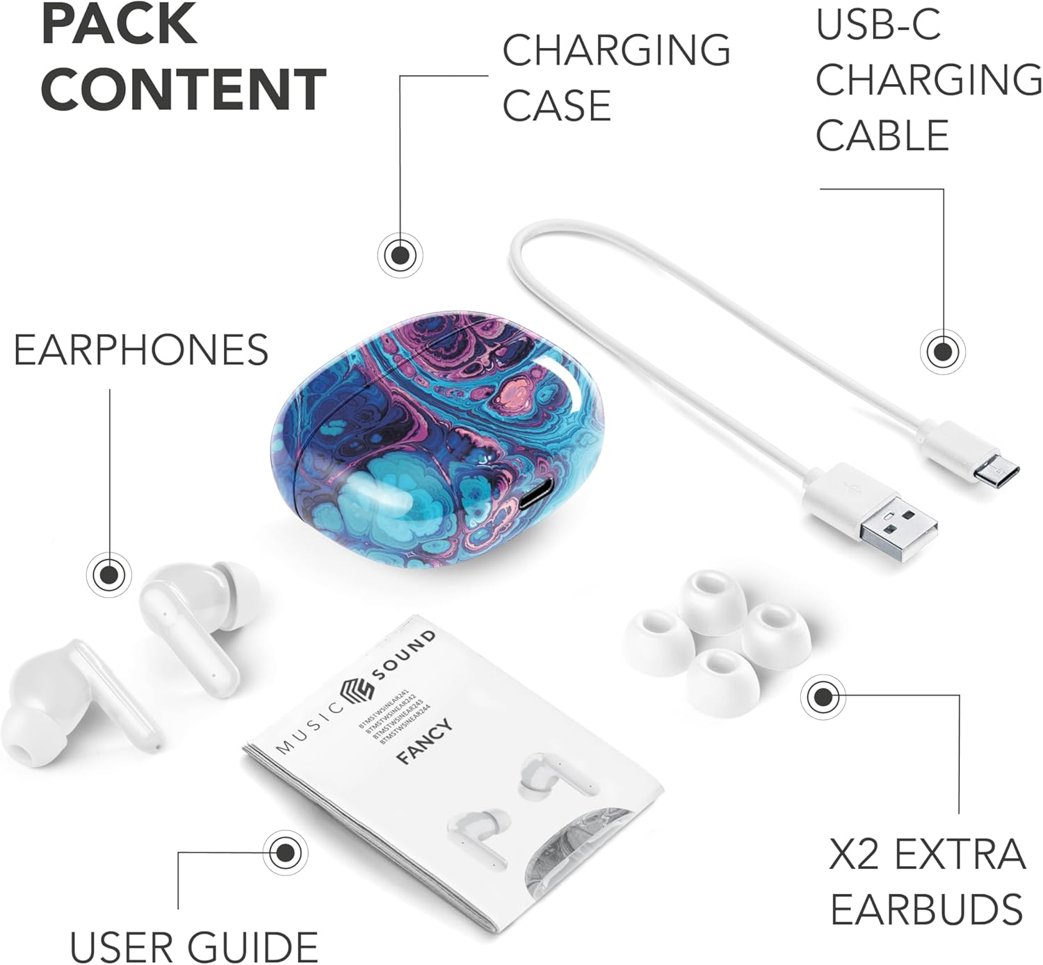 Music Sound - TWS Fantasy Bluetooth Headphones - In-Ear Design - Wireless - Charging Case - Microphone - Playback Time up to 25 Hours - Available in Many Colours and Patterns image number 4
