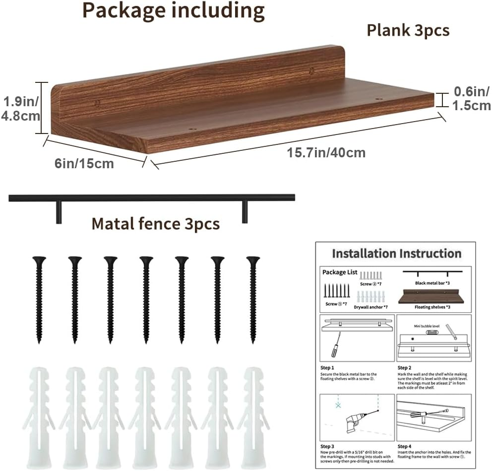 Delsol Floating Shelves with Metal Guardrail Set of 3, Wall Mounted Shelves for Wall Decor, Shelf for Bedroom, Bathroom, Kitchen, Living Room, Plants, Picture Frames, Art (White) image number 1